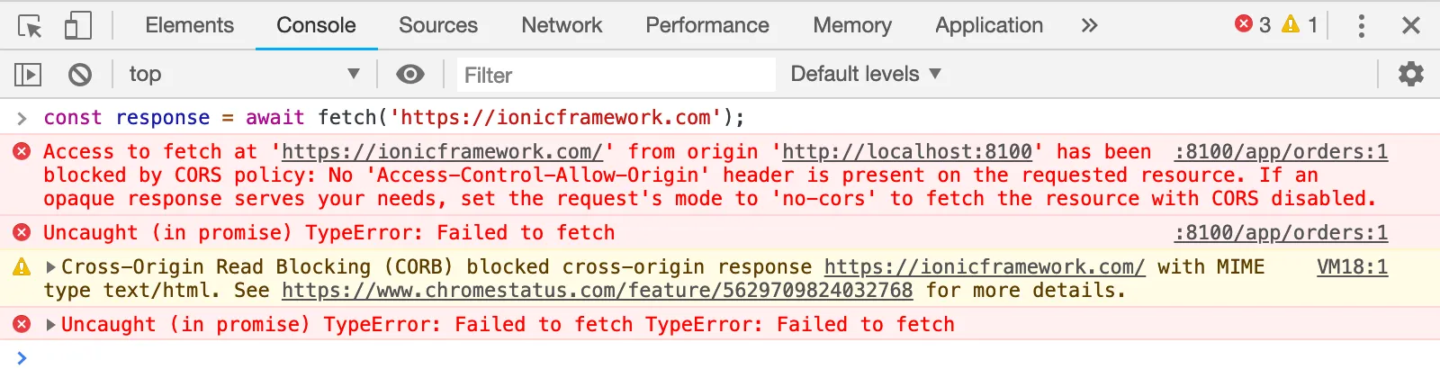Ejemplo de error de CORS